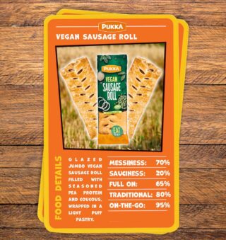 We’ve transported you back in time for a’bit of Top Trumps. Iconic, ey? 

You’ve pulled out our Pukka #VeganSausageRoll. Guilt-free, Gen-Z friendly. Best for on-the-go and veganness, obvs.